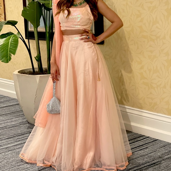 Baby Pink- salmon color Beautiful indian Lehenga (skirt) with sparkle top - Picture 1 of 1
